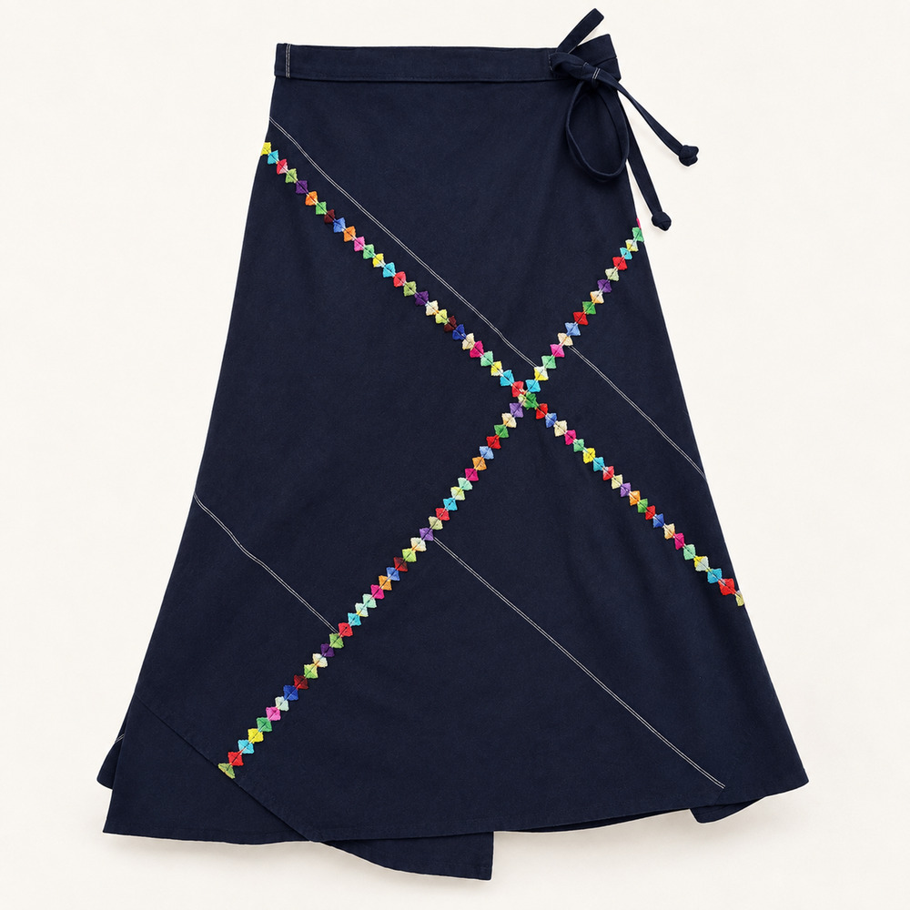 Guatemalan Navy Embroidered Maxi Wrap Skirt Multicolor Folk Art Boho O/S